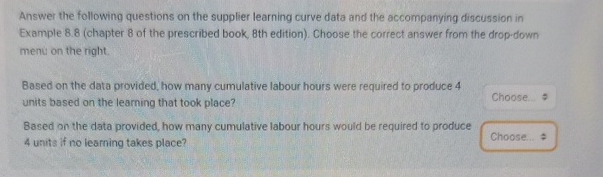  Answer the following questions on the supplier learning curve data and
