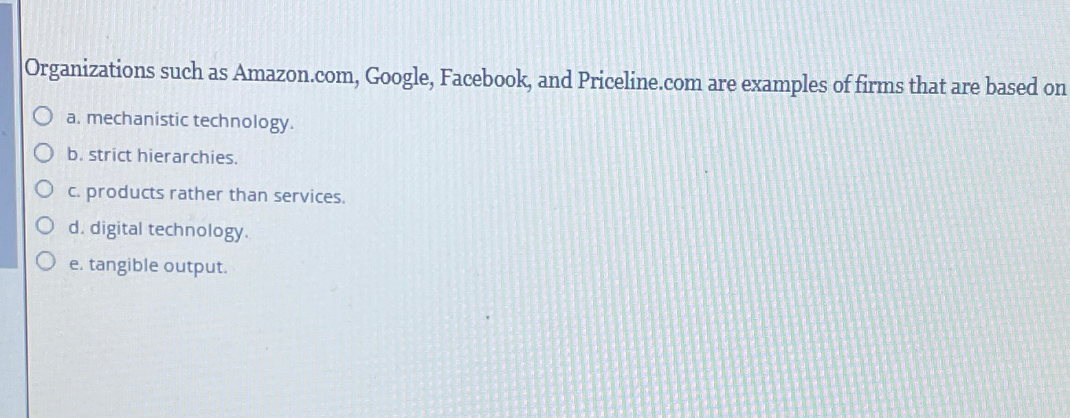  Organizations such as Amazon.com, Google, Facebook, and Priceline.com are examples of