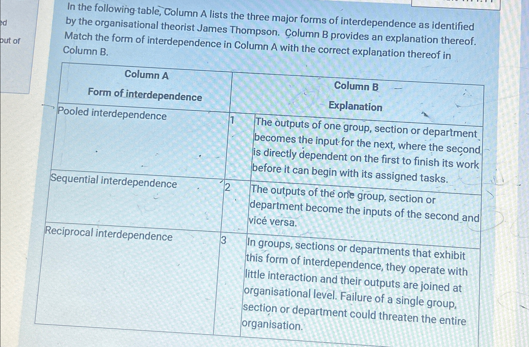  In the following table, Column A lists the three major forms