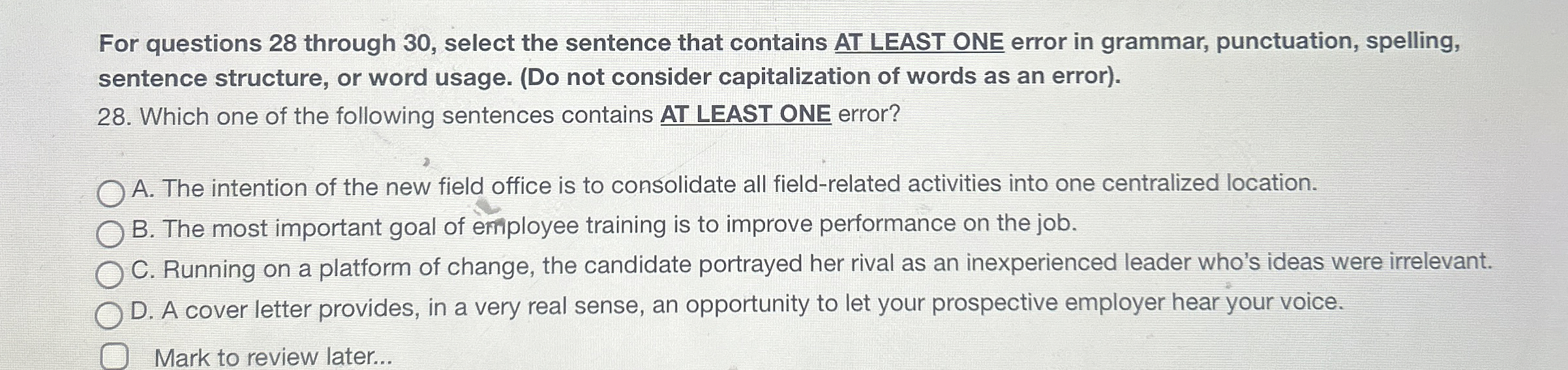  For questions 28 through 30, select the sentence that contains AT