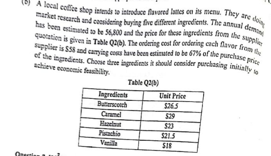  (b) A local coffee shop intends to introduce flavored lattes on
