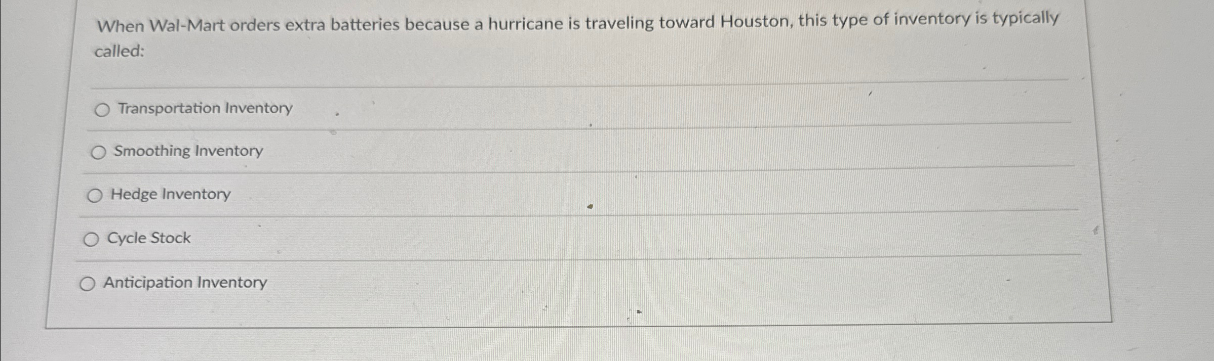  When Wal-Mart orders extra batteries because a hurricane is traveling toward