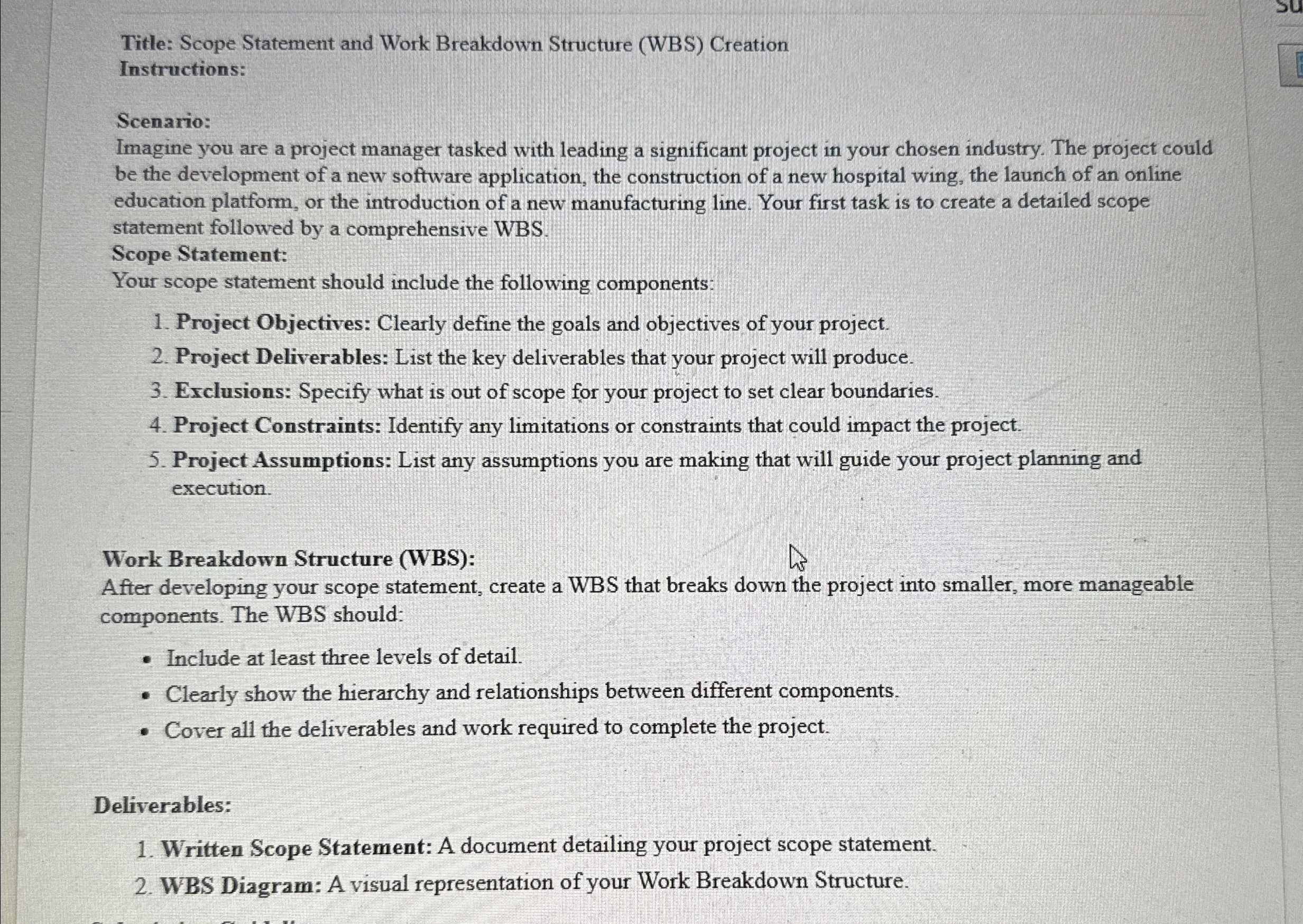  Title: Scope Statement and Work Breakdown Structure (WBS) Creation Instructions: Scenario: