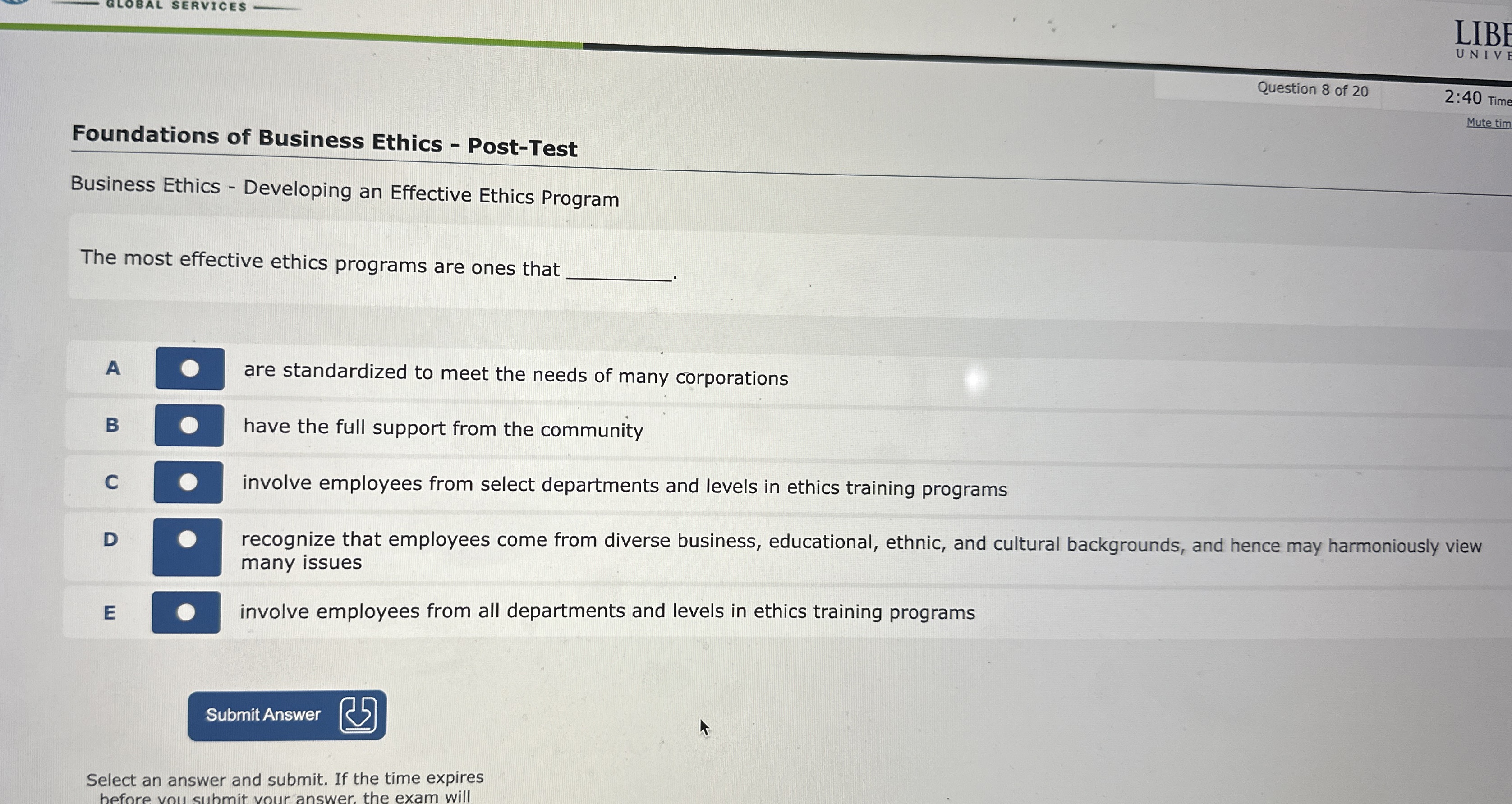  LIBF U N IV E Question 8 of 20 2:40 time