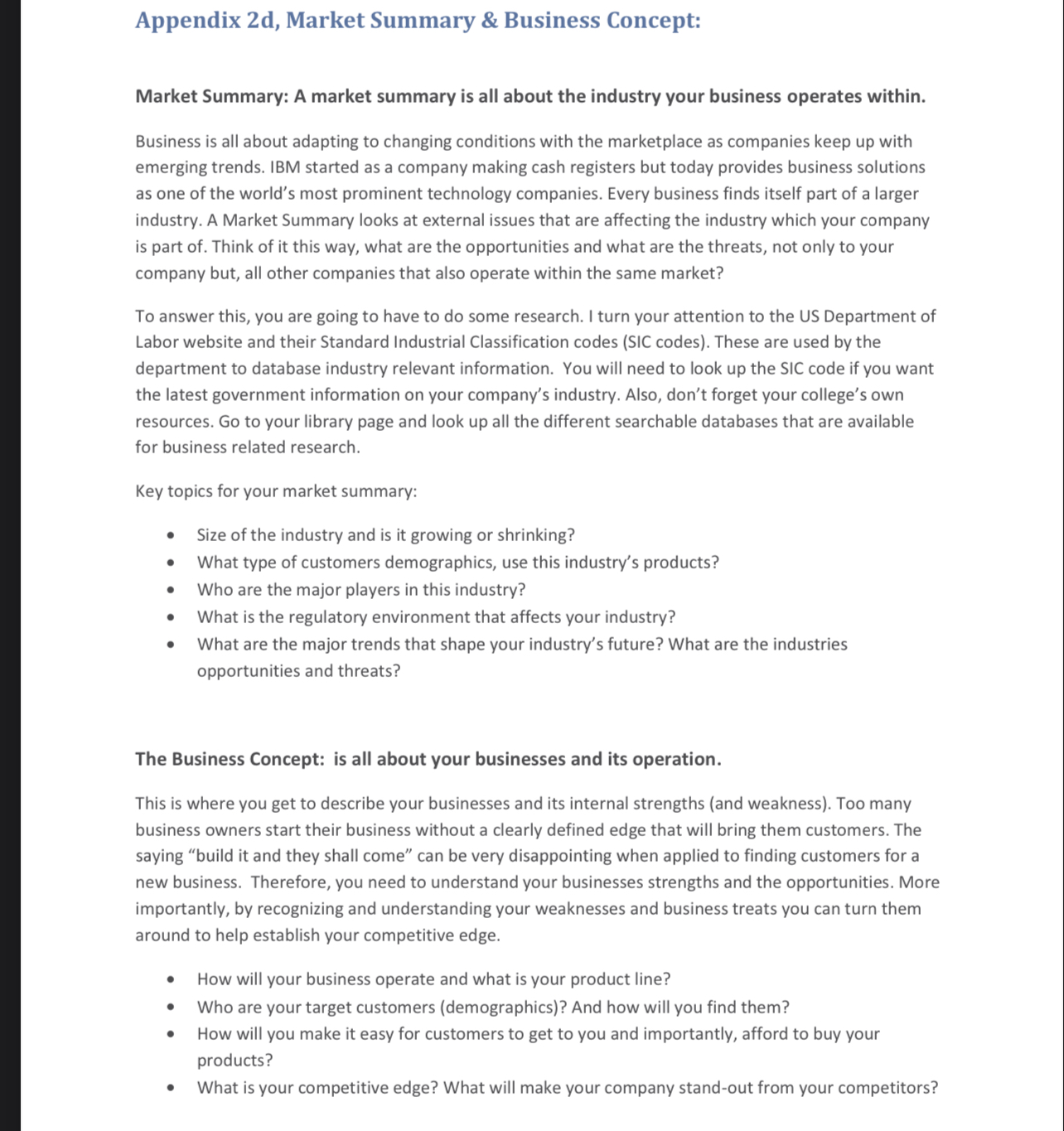  Appendix 2d, Market Summary & Business Concept: Market Summary: A market