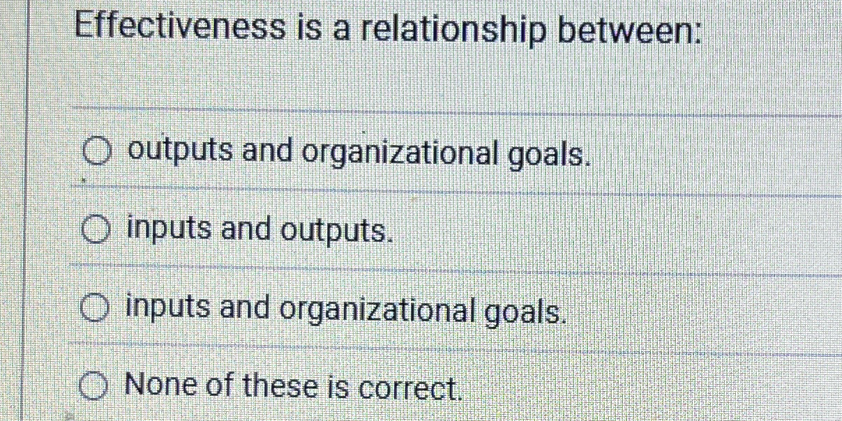  Effectiveness is a relationship between: outputs and organizational goals. inputs and
