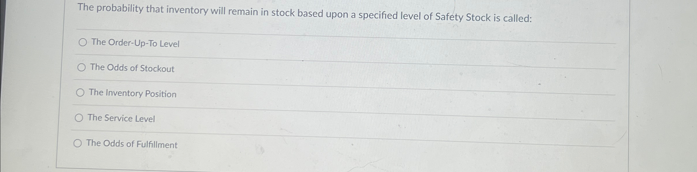  The probability that inventory will remain in stock based upon a