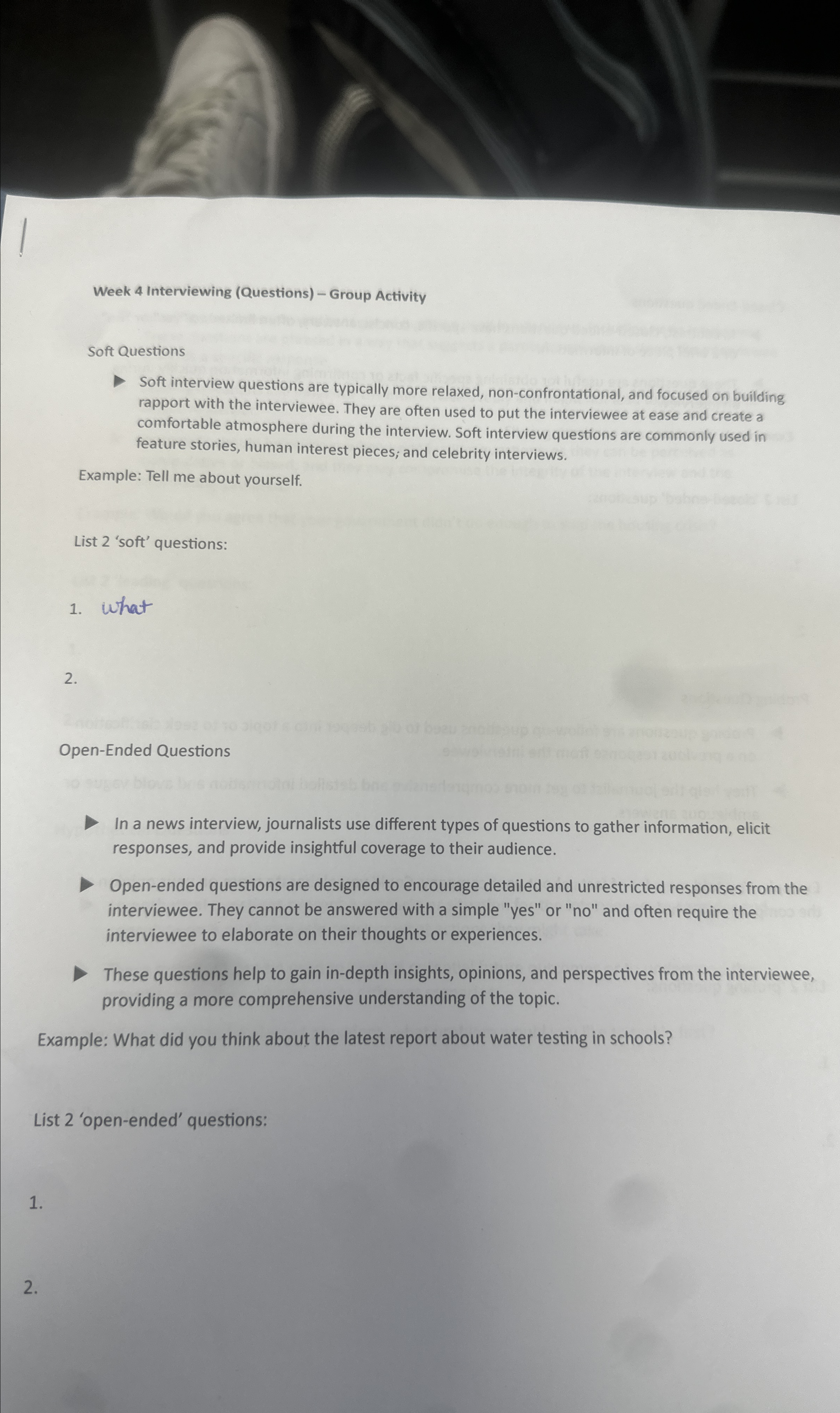  Week 4 Interviewing (Questions)- Group Activity Soft Questions Soft interview questions