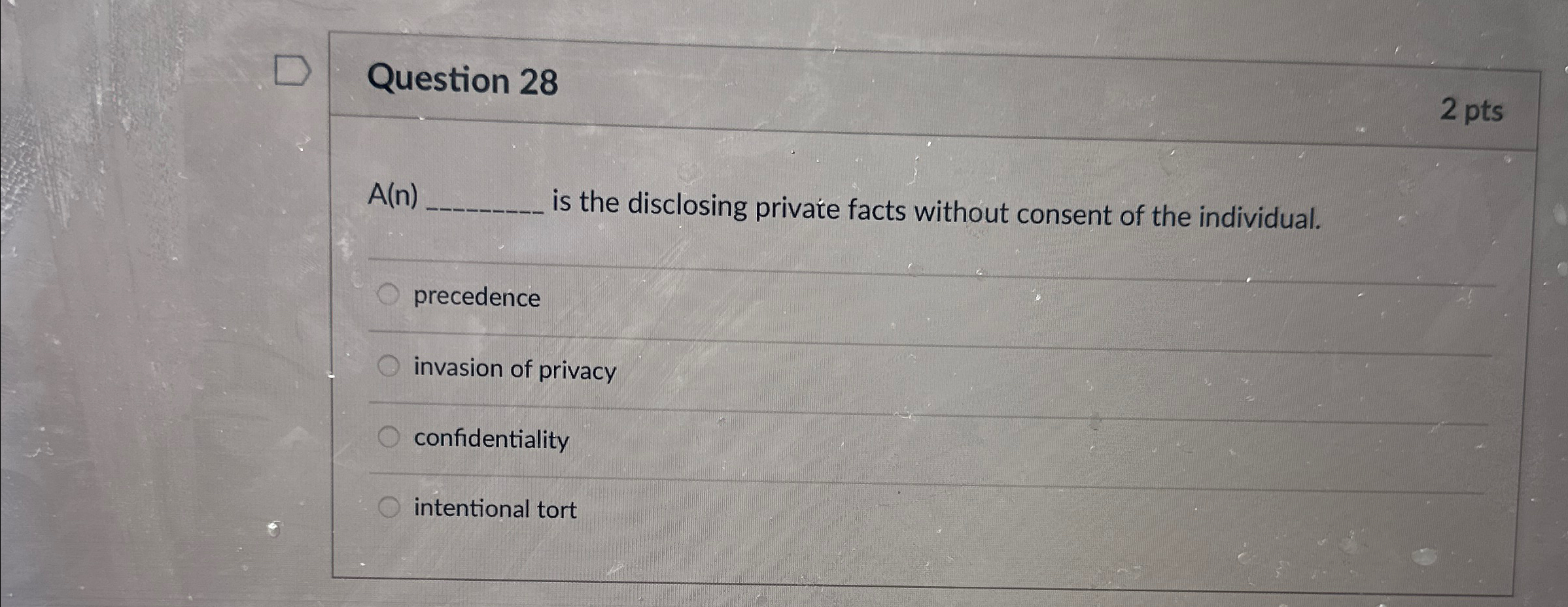  Question 28 2 pts A(n) is the disclosing privace facts without