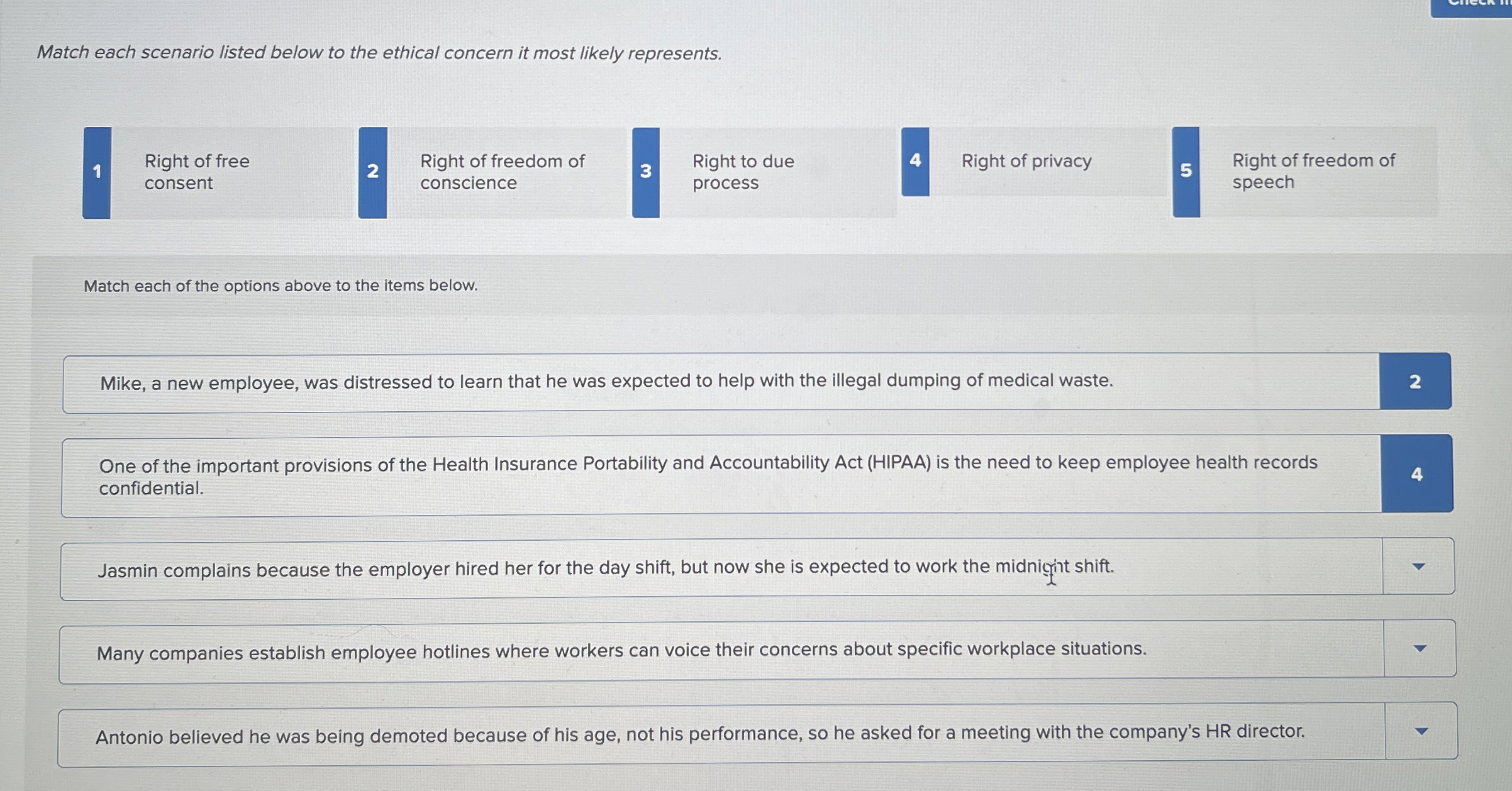  Match each scenario listed below to the ethical concern it most