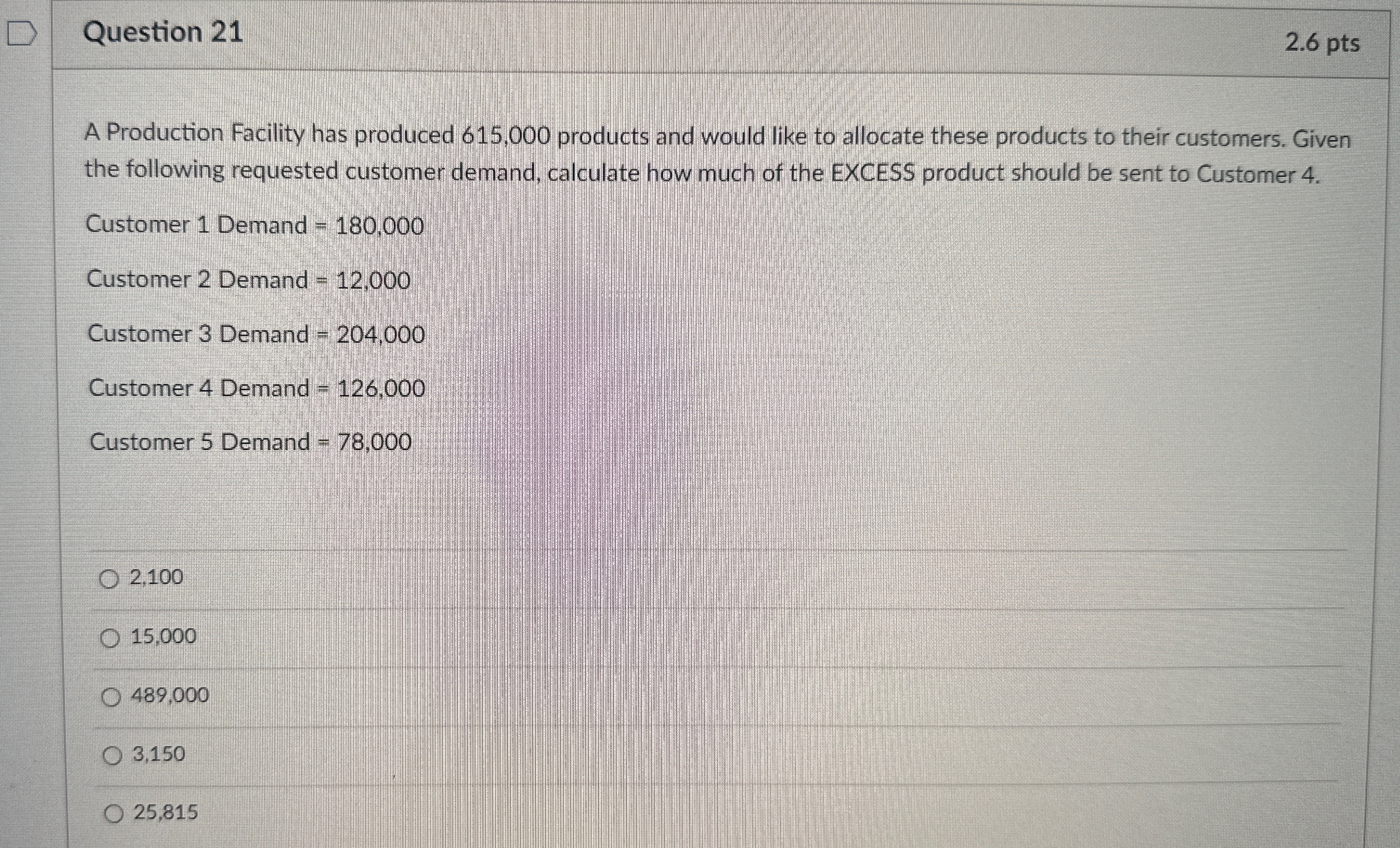  Question 21 2.6pts A Production Facility has produced 615,000 products and