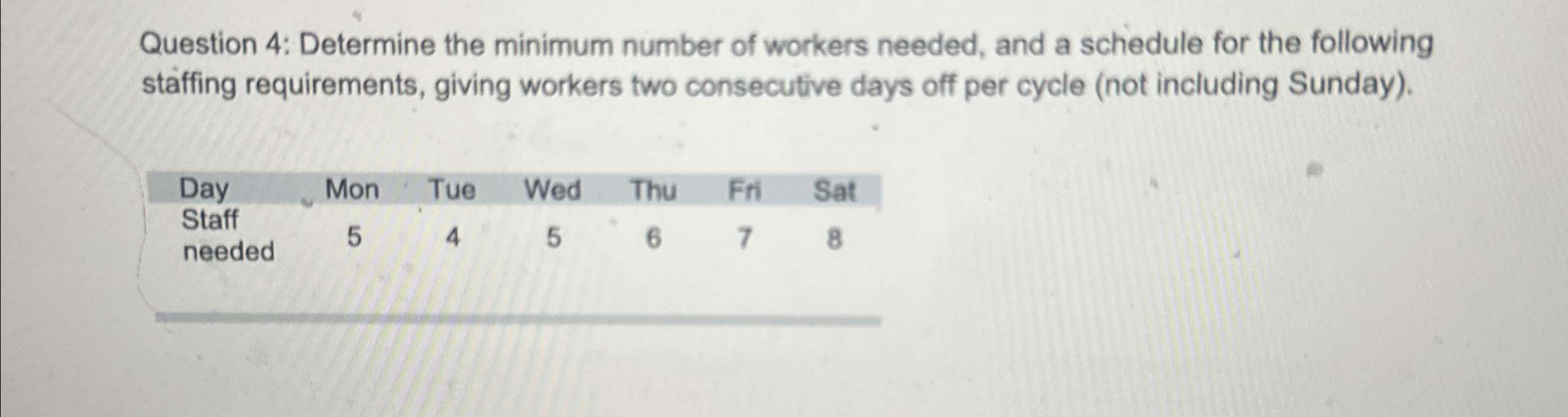  Question 4: Determine the minimum number of workers needed, and a