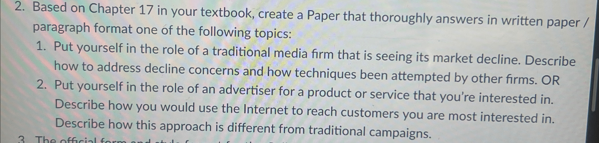  Based on Chapter 17 in your textbook, create a Paper that