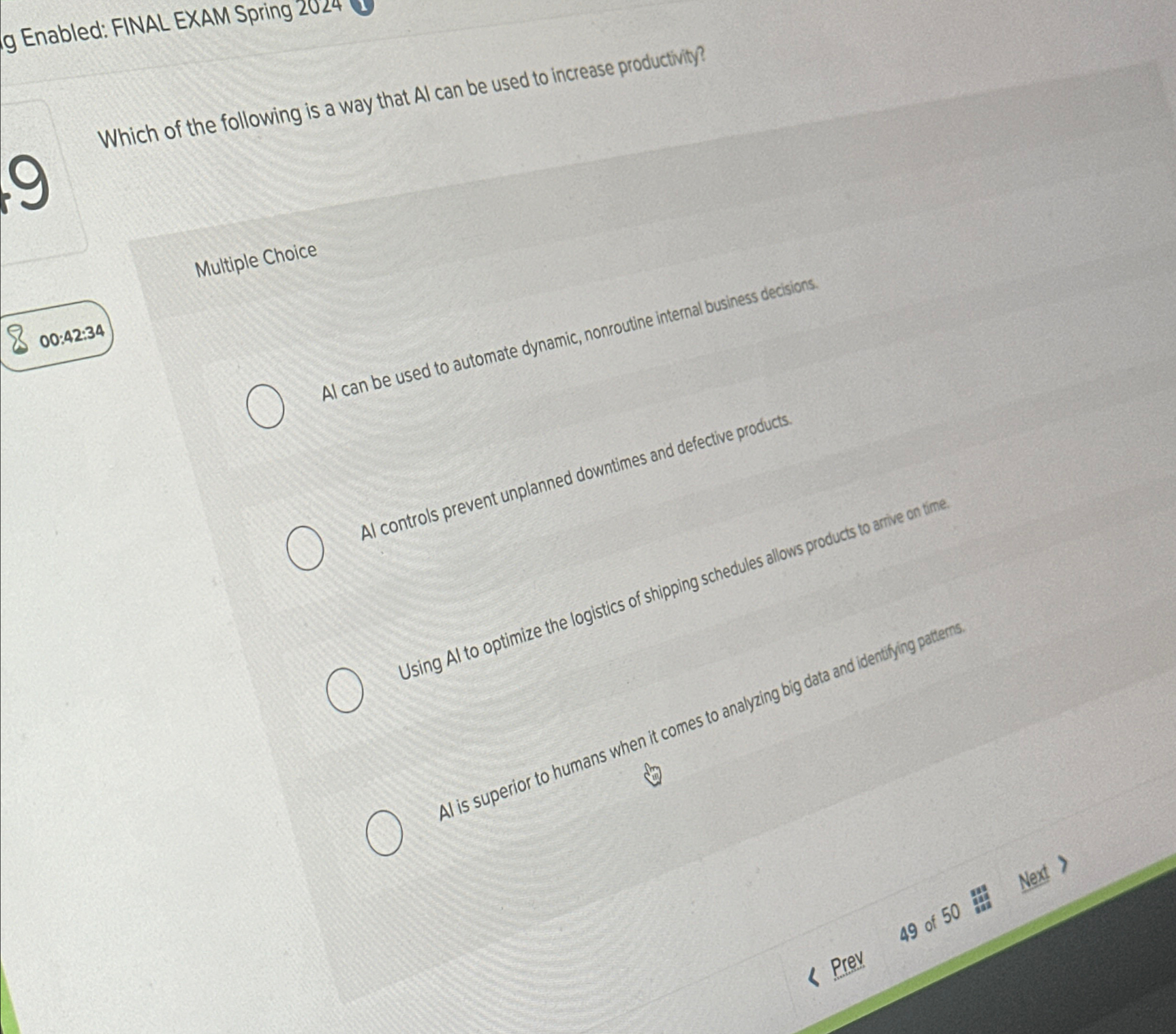  g Enabled: FINAL EXAM Spring 2024 Which of the following is