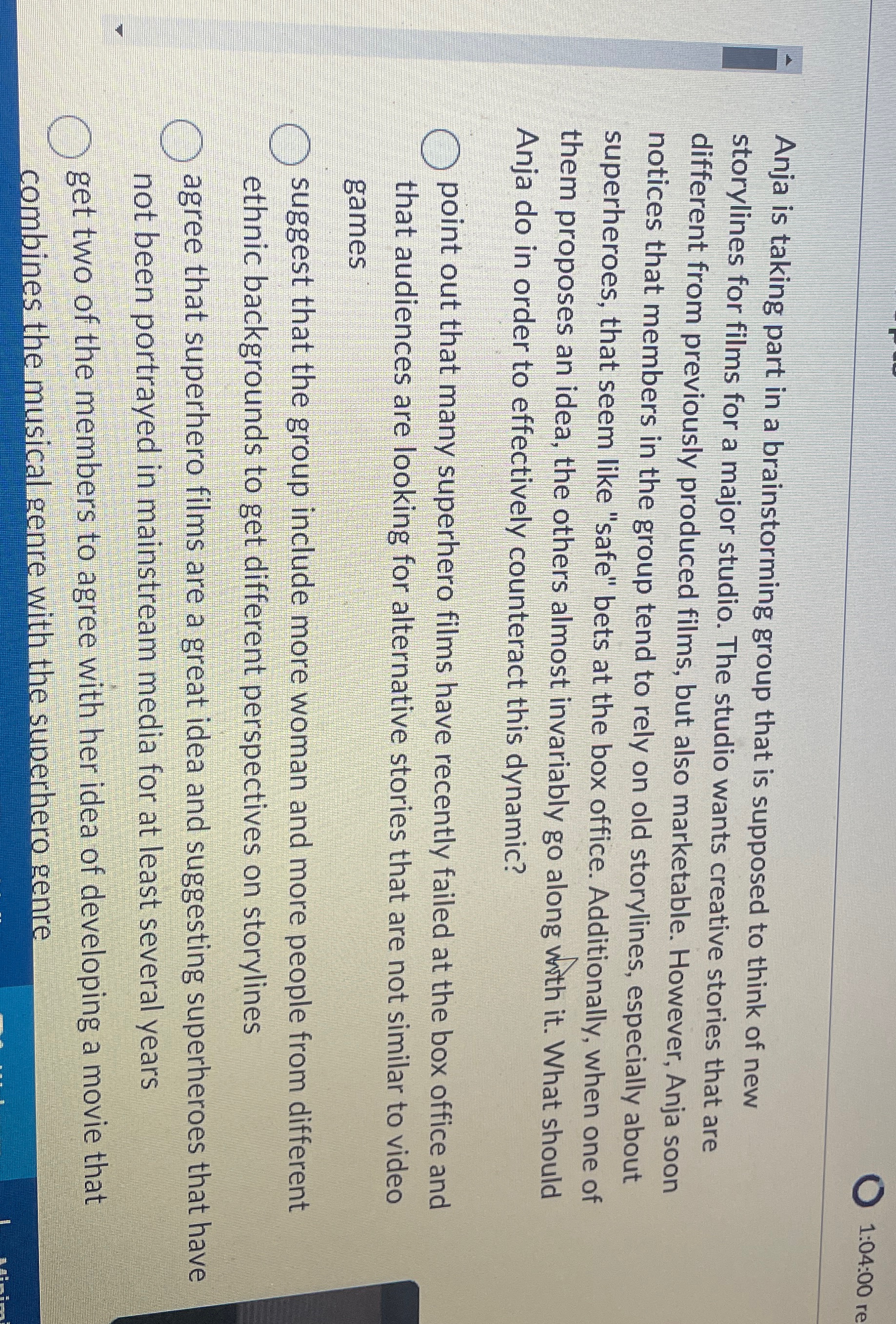  1:04:00 re Anja is taking part in a brainstorming group that