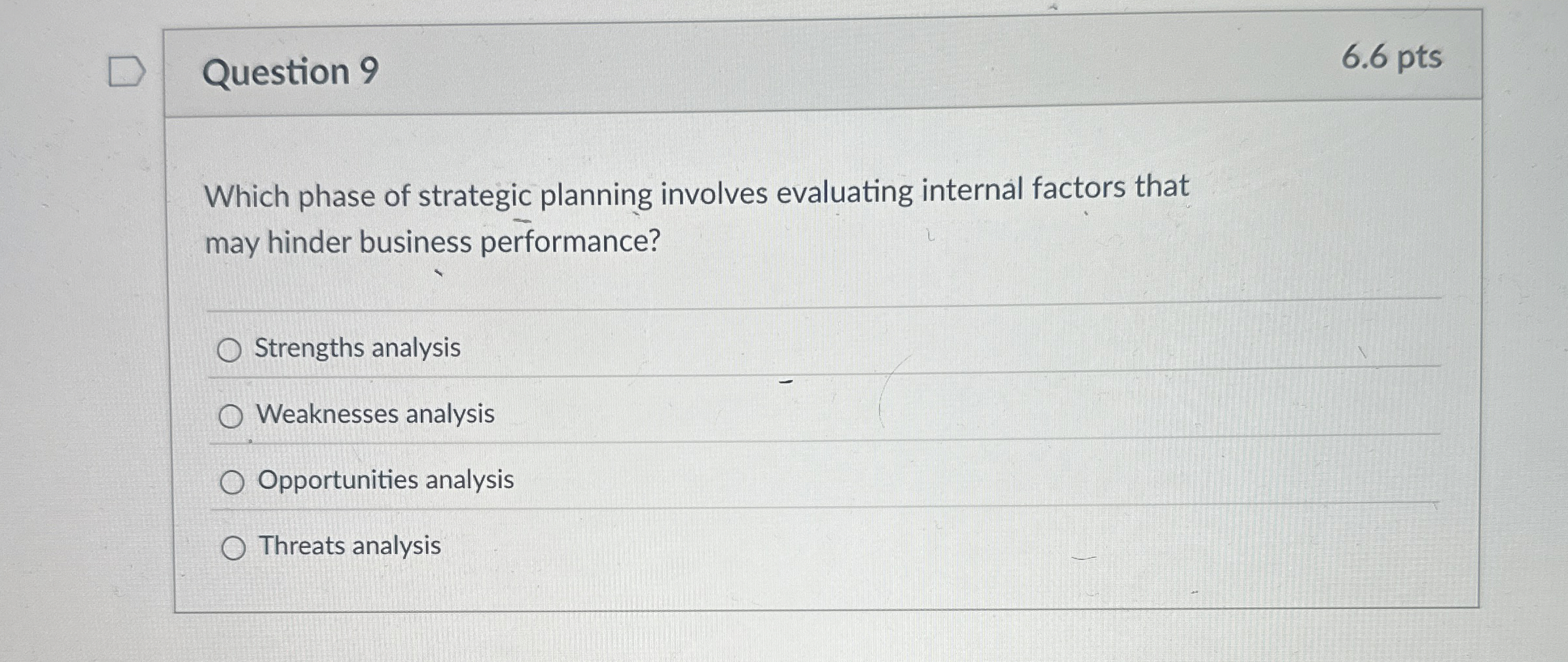  Question 9 Which phase of strategic planning involves evaluating internal factors