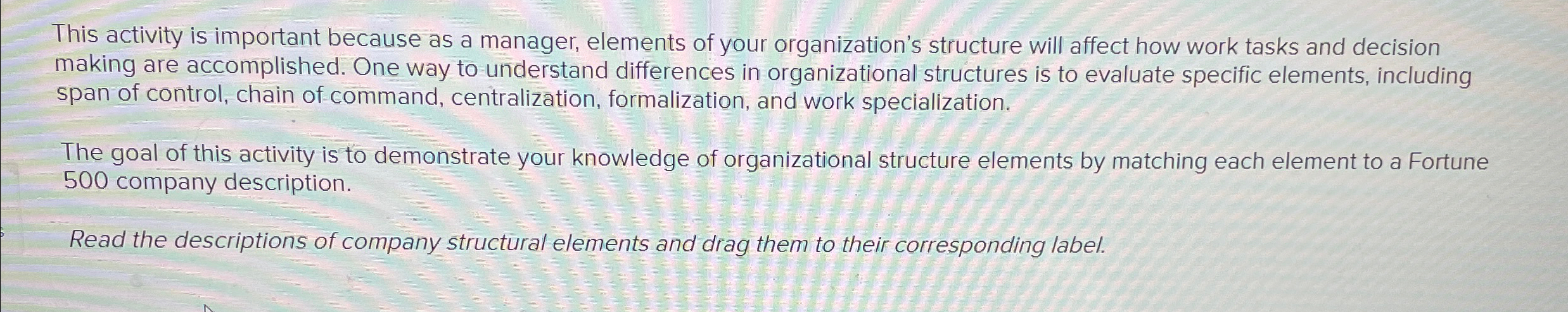  This activity is important because as a manager, elements of your