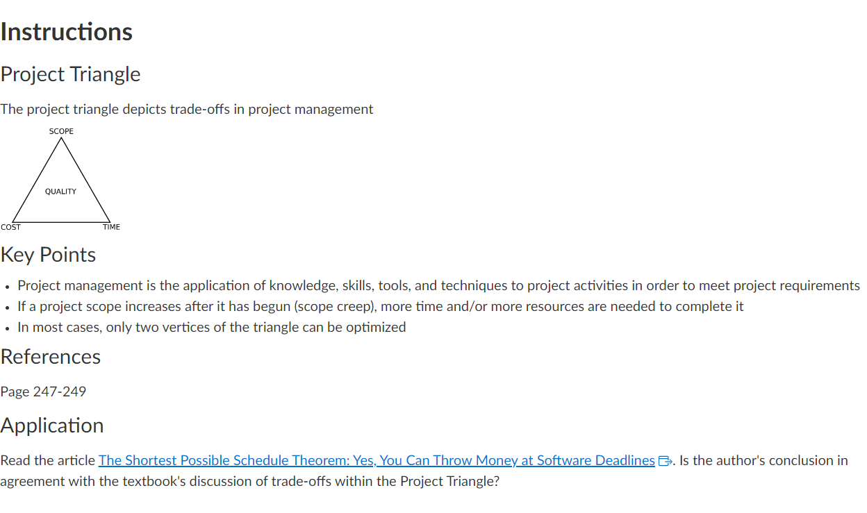  Instructions Project Triangle The project triangle depicts trade-offs in project management