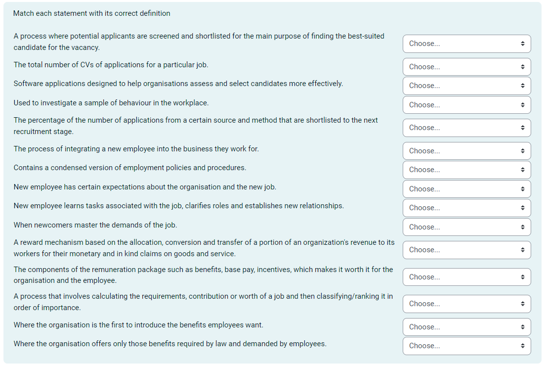  Match each statement with its correct definition A process where potential
