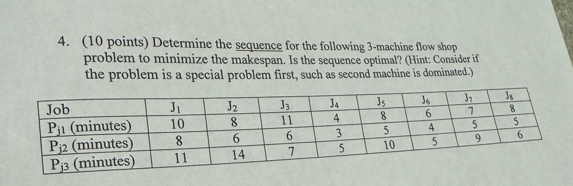  (10 points) Determine the sequence for the following 3-machine flow shop