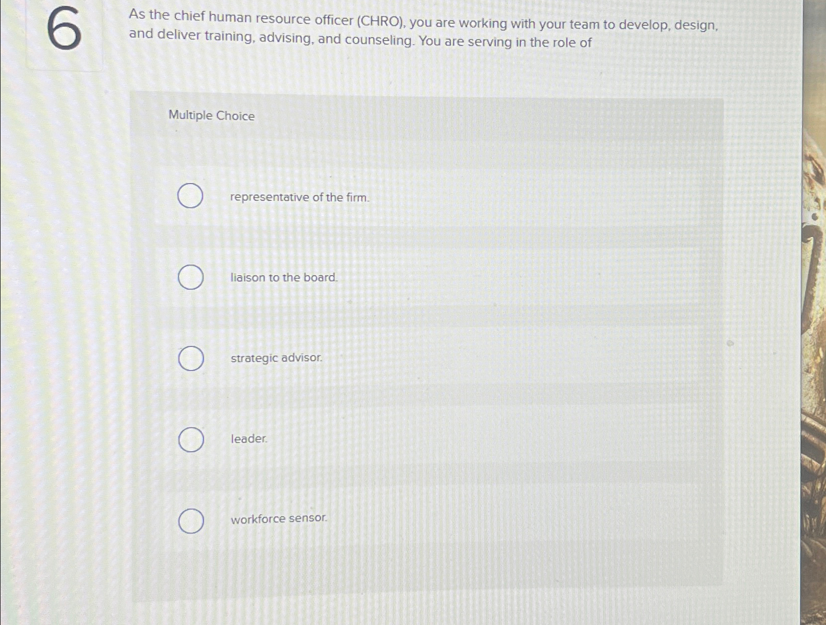  As the chief human resource officer (CHRO), you are working with