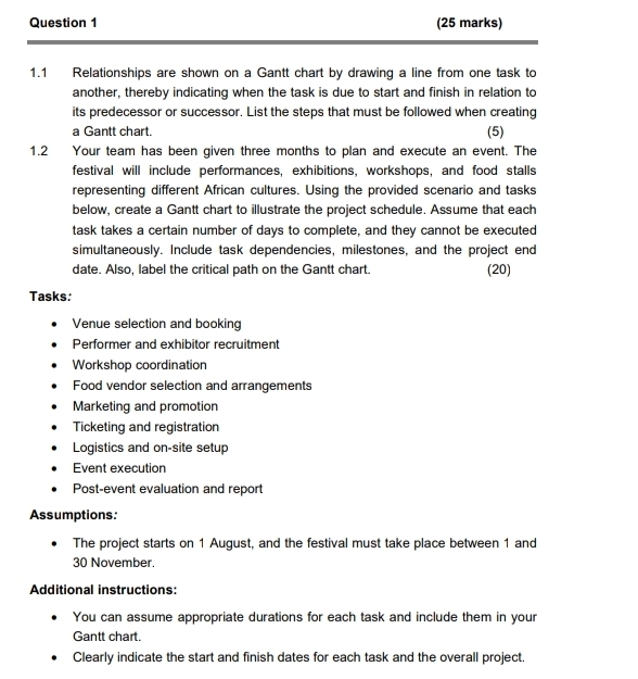  Question 1 (25 marks) 1.1 Relationships are shown on a Gantt