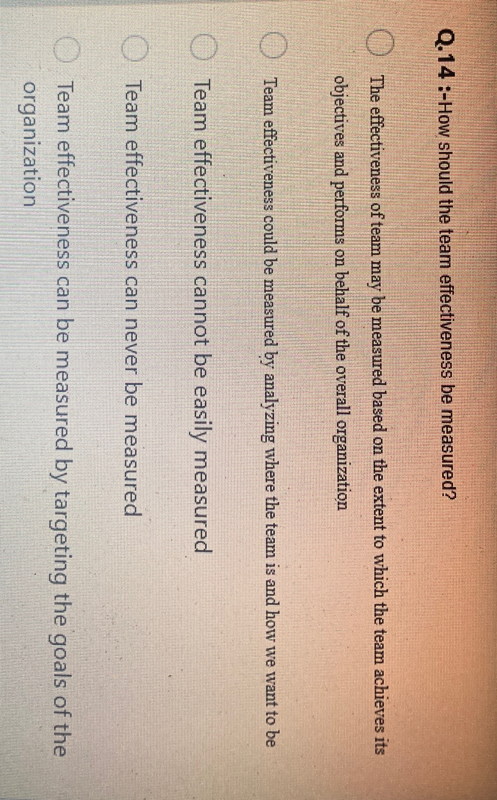  Q.14 :-How should the team effectiveness be measured? The effectiveness of