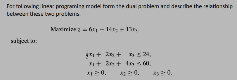  For following linear programing model form the dual problem and describe