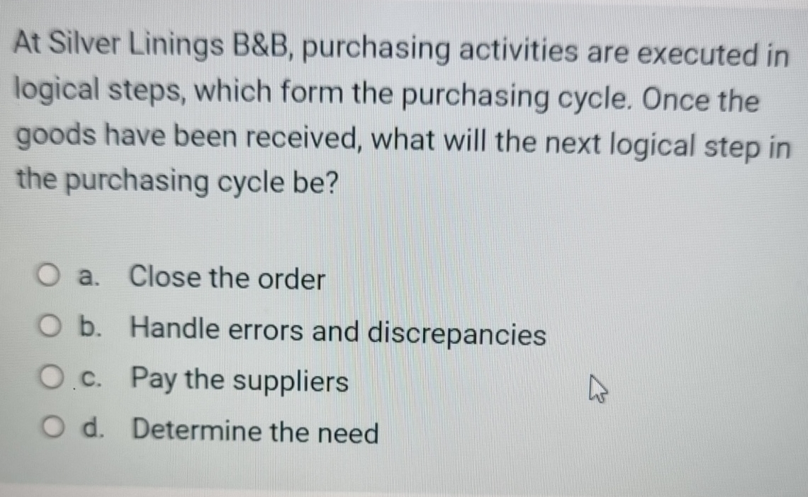  At Silver Linings B&B, purchasing activities are executed in logical steps,