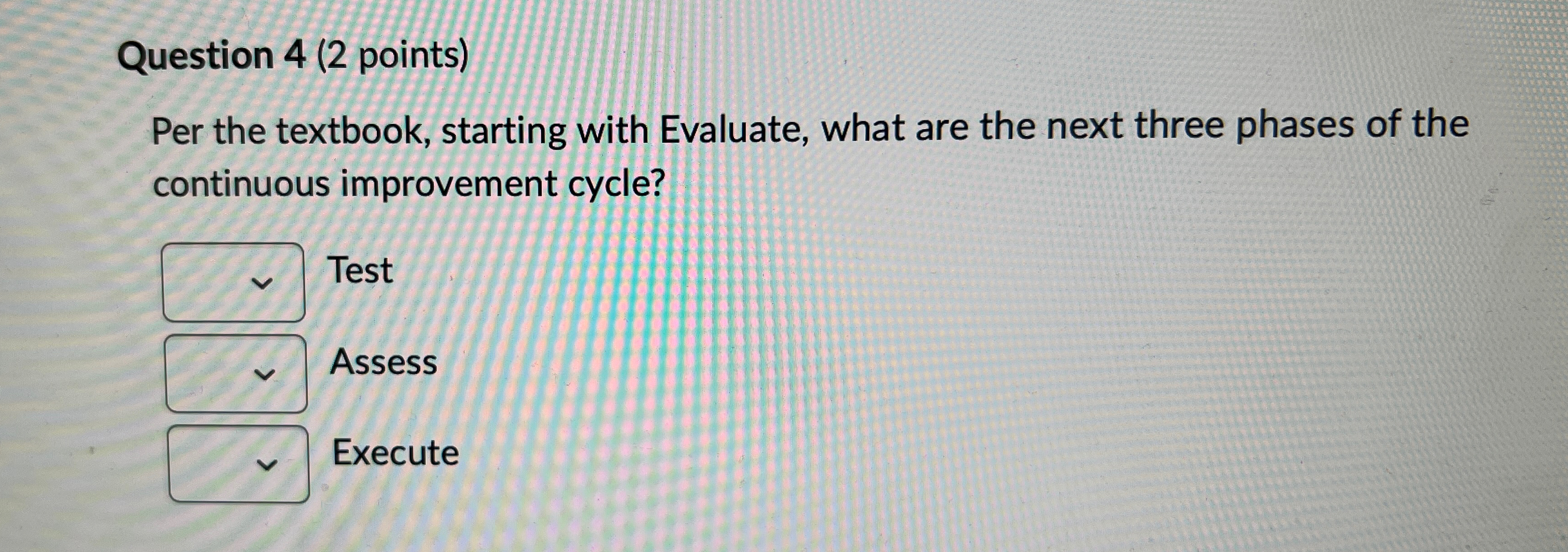  Question 4(2 points) Per the textbook, starting with Evaluate, what are