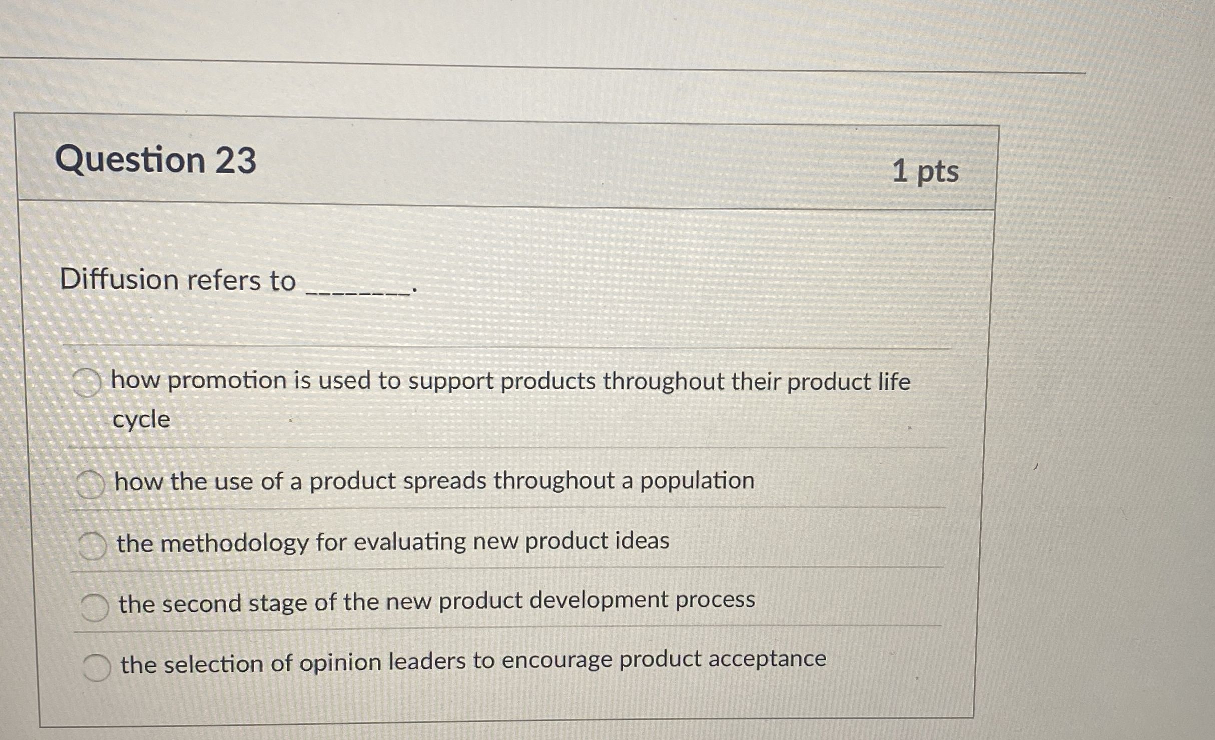  Question 23 Diffusion refers to how promotion is used to support
