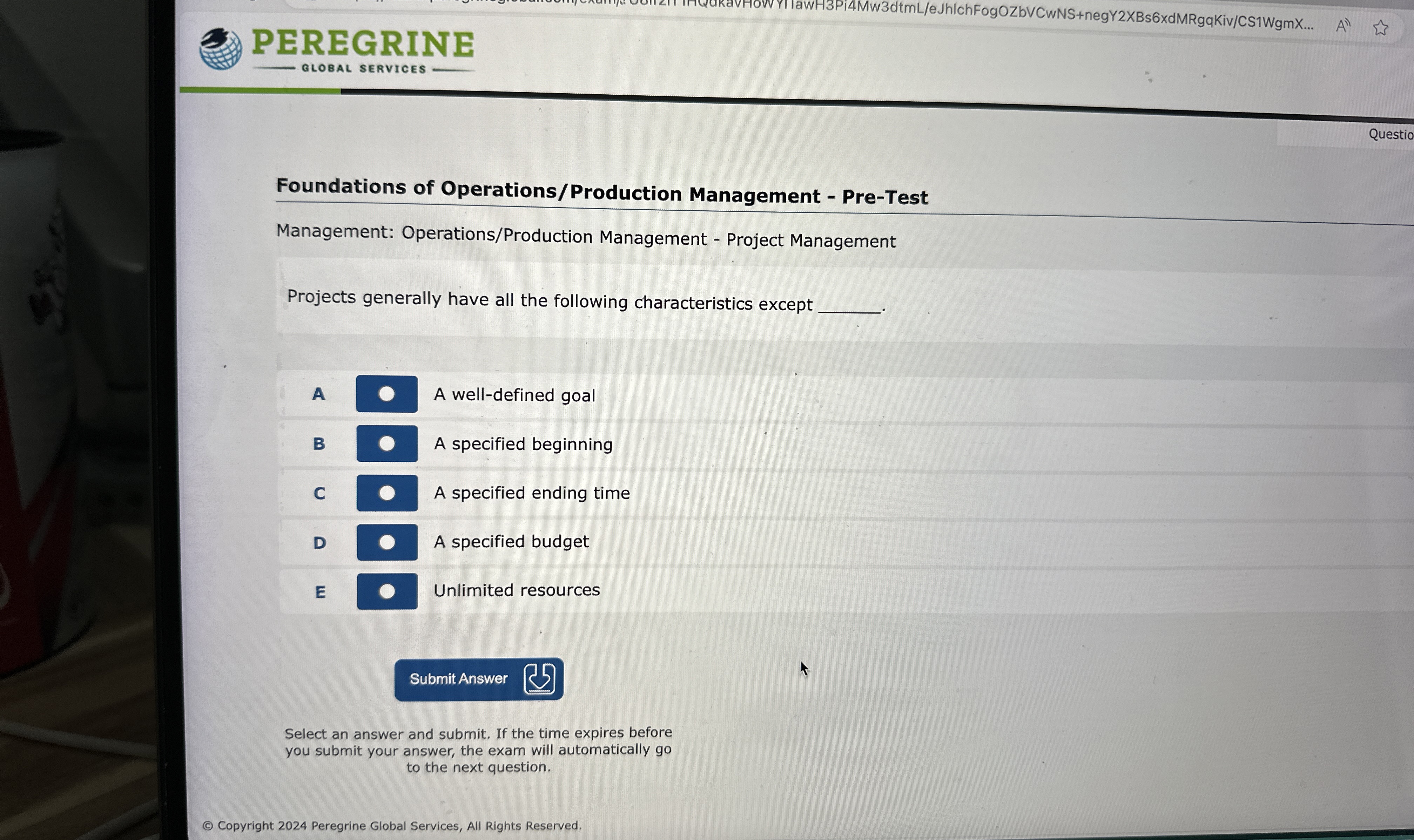  Foundations of Operations/Production Management - Pre-Test Management: Operations/Production Management - Project