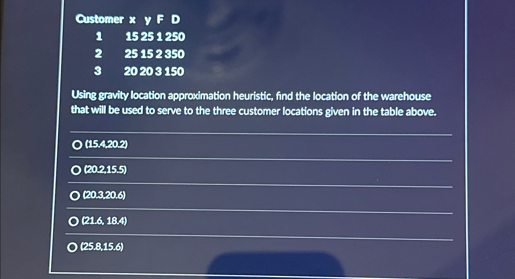  \table[[Customer x y F D,],[1,15251250],[2,25152350],[3,20203150]] Using gravity location approximation heuristic, find