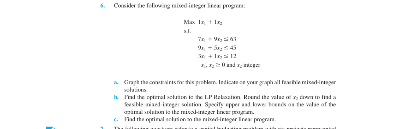  Consider the following mixed-integer linear program: Max 1x1+1x2 s.t. ,7x1+9x263 ,9x1+5x245