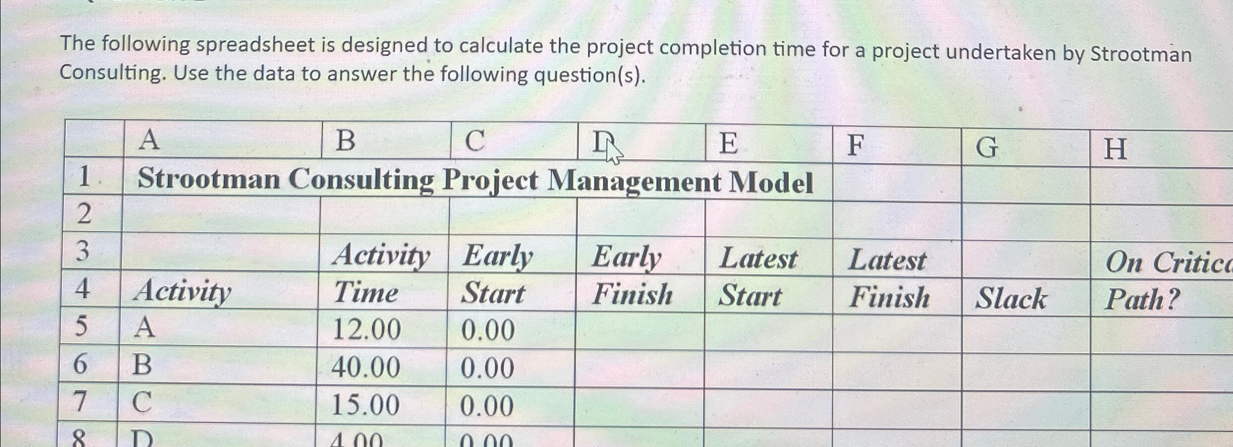  The following spreadsheet is designed to calculate the project completion time