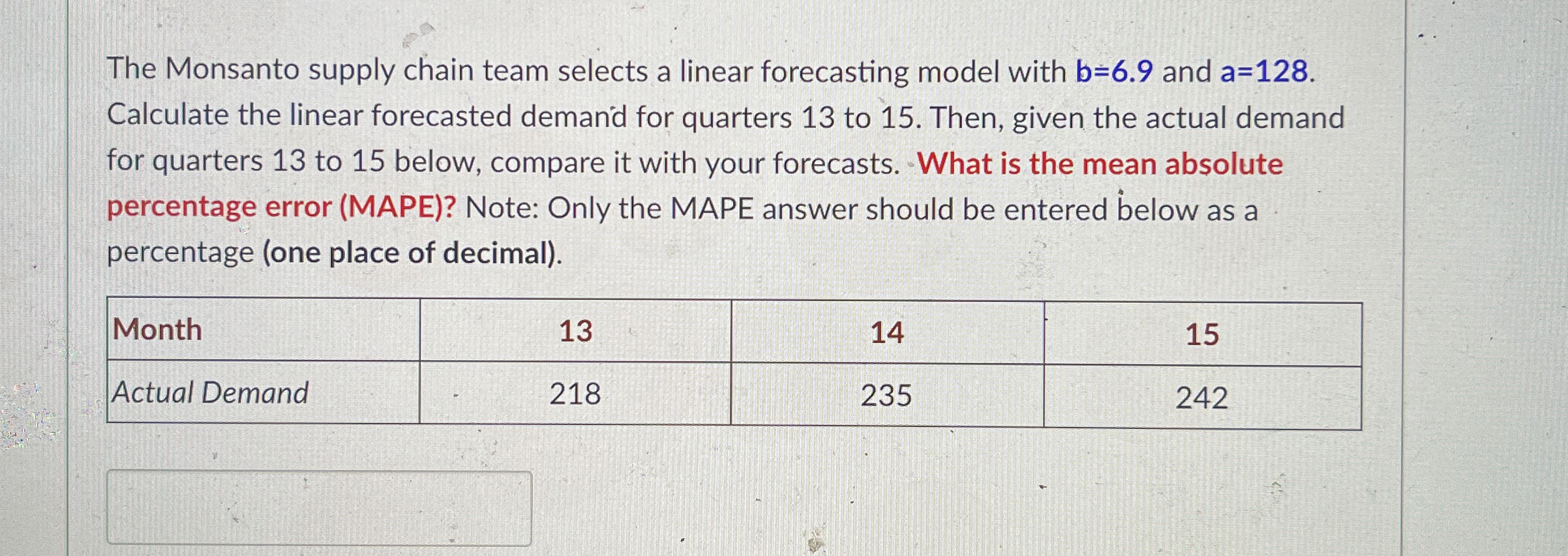  The Monsanto supply chain team selects a linear forecasting model with