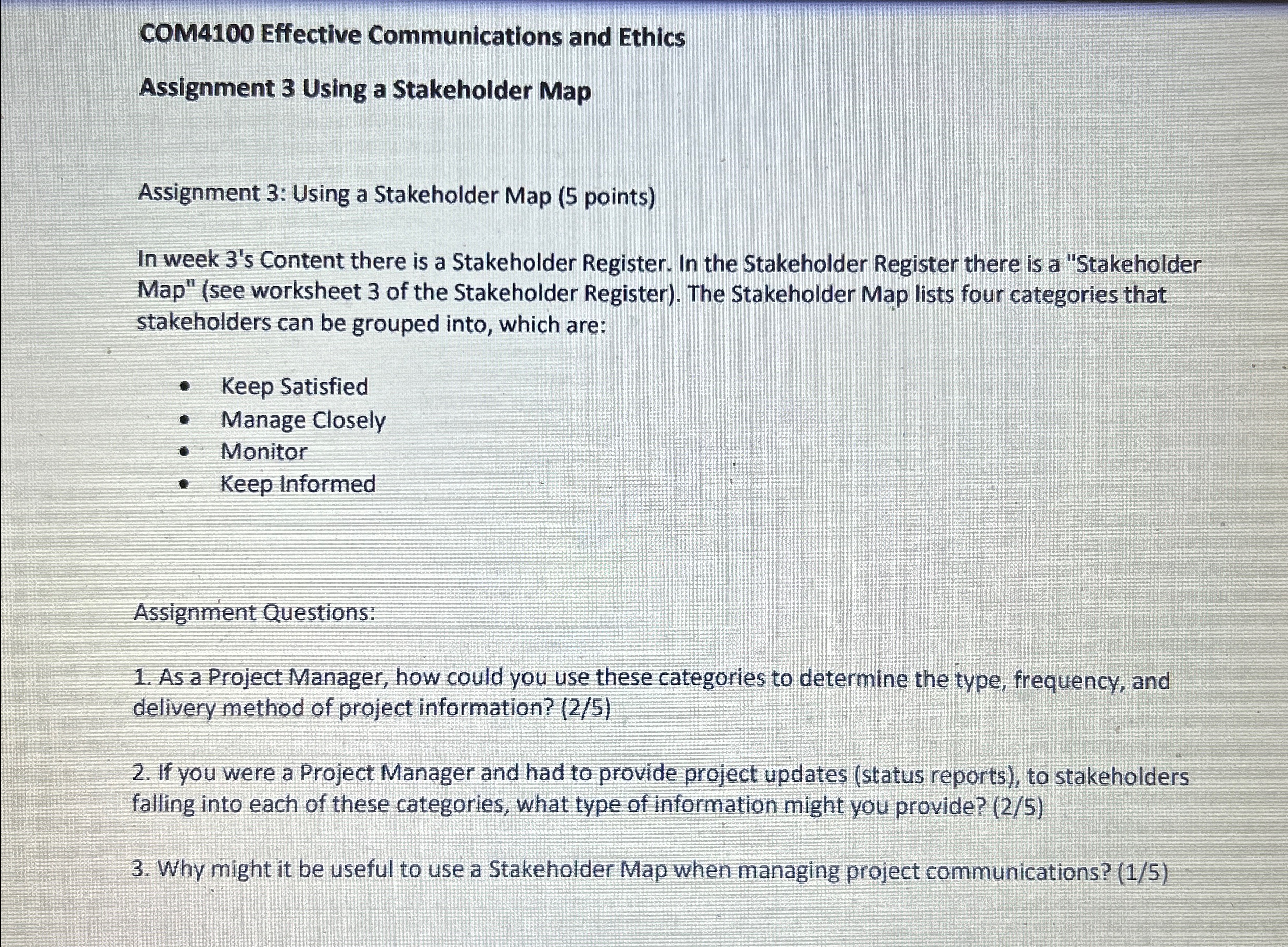  COM4100 Effective Communications and Ethics Assignment 3 Using a Stakeholder Map