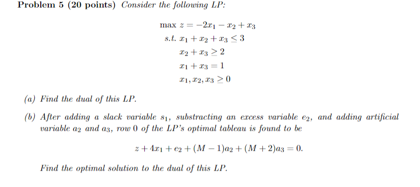  Problem 5(20 points) Consider the following LP : maxz=-2x1-x2+x3 s.t.x1+x2+x33 x2+x32
