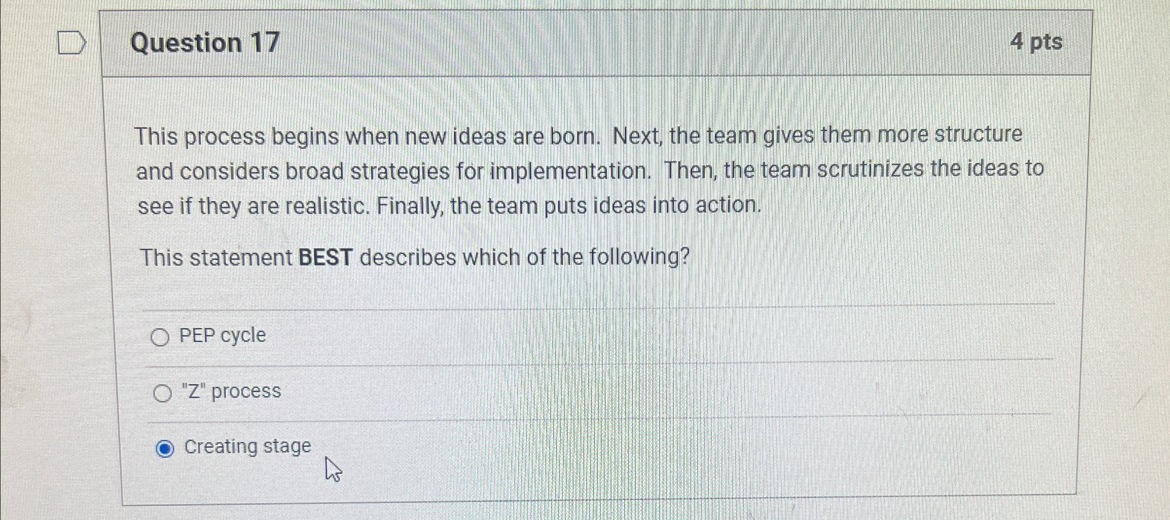 Question 17 4 pts This process begins when new ideas are