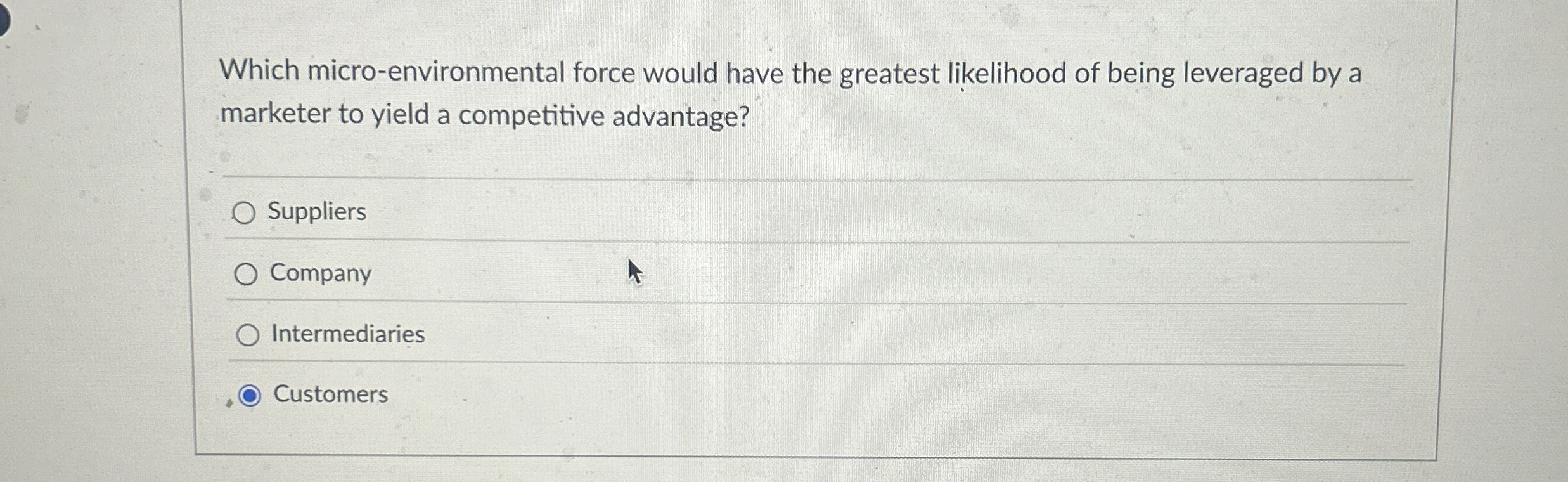  Which micro-environmental force would have the greatest likelihood of being leveraged