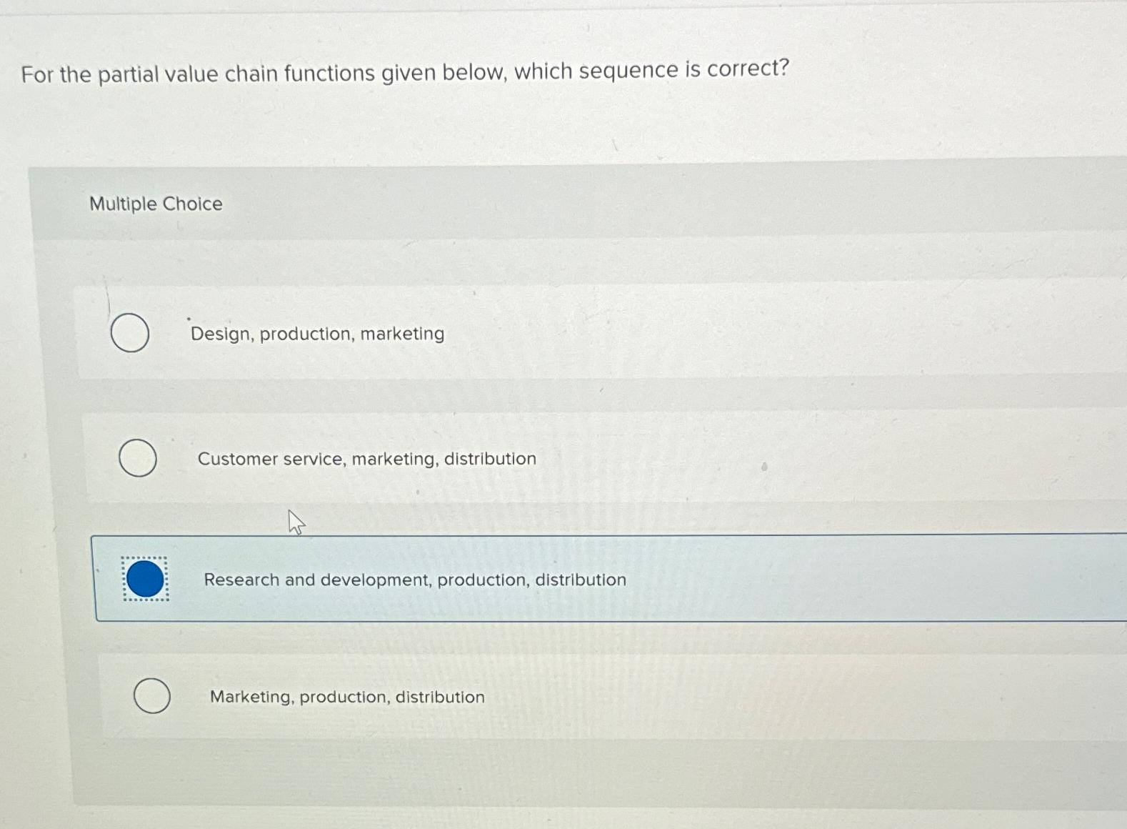  For the partial value chain functions given below, which sequence is