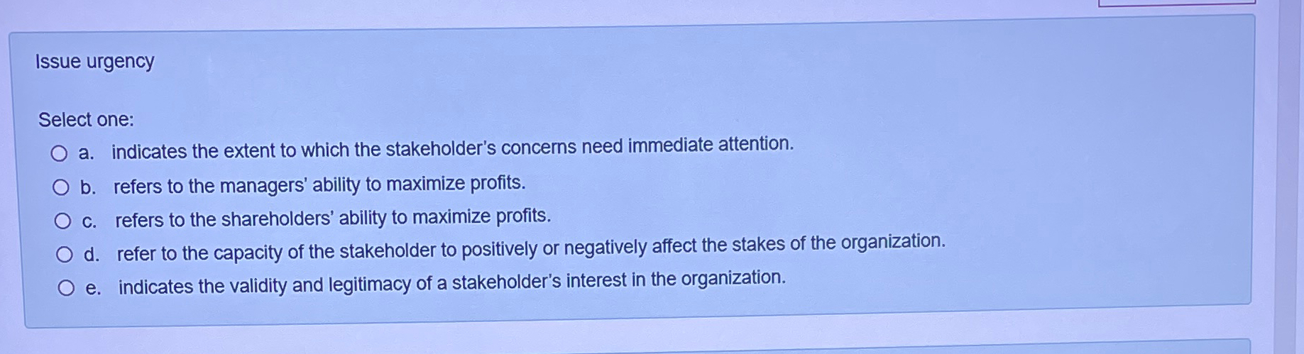  Issue urgency Select one: a. indicates the extent to which the