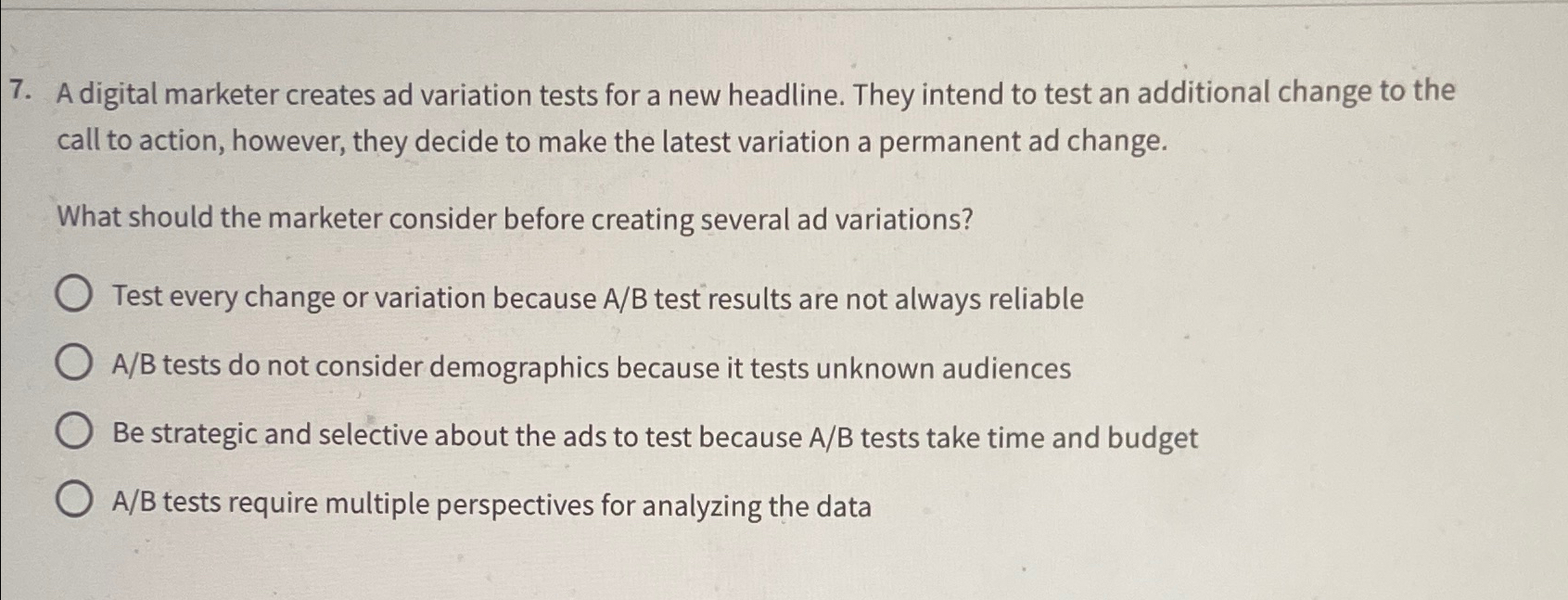  A digital marketer creates ad variation tests for a new headline.