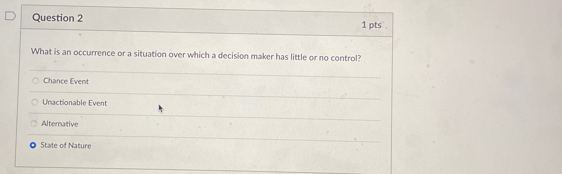  Question 2 1 pts. What is an occurrence or a situation