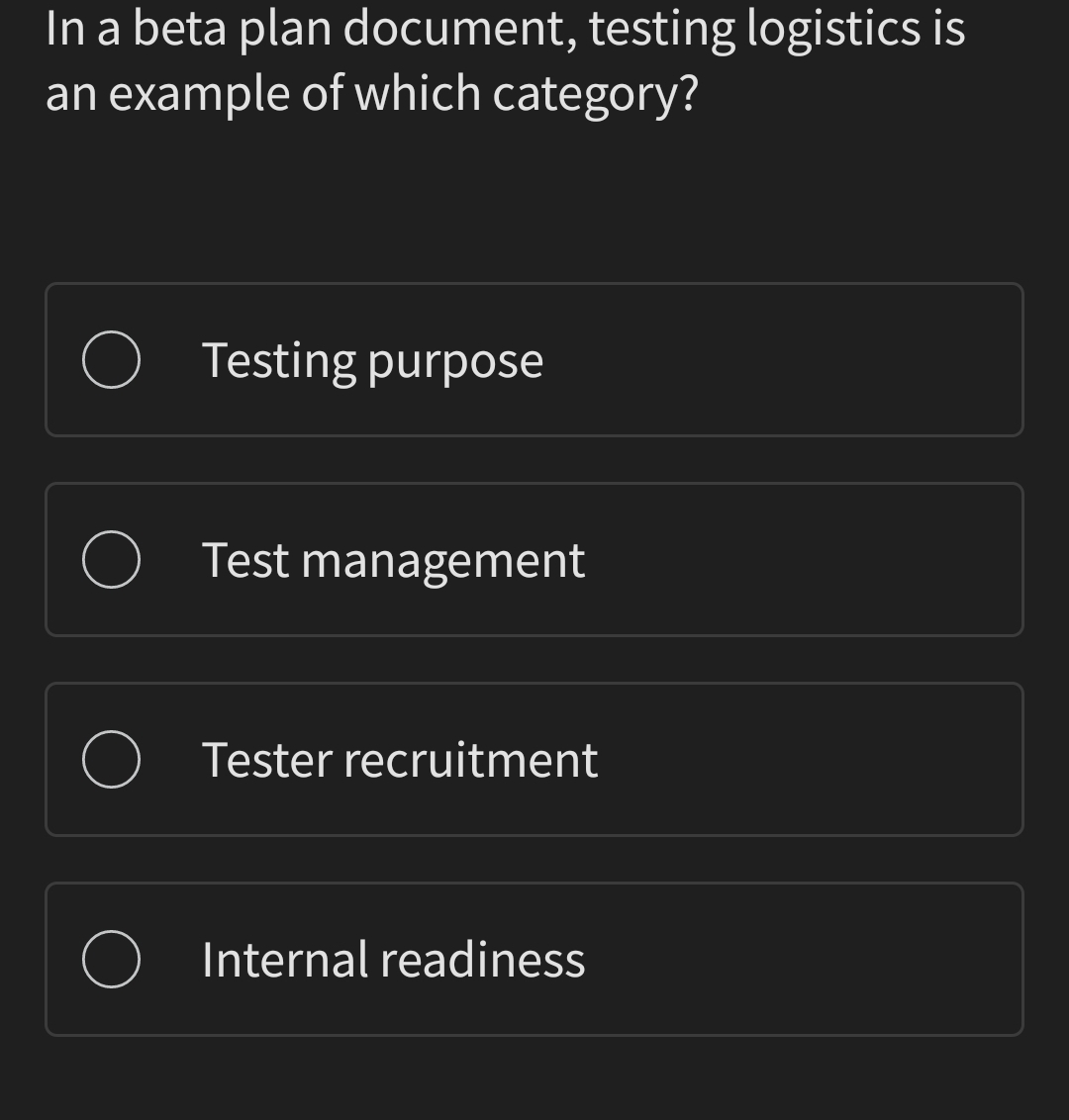  In a beta plan document, testing logistics is an example of