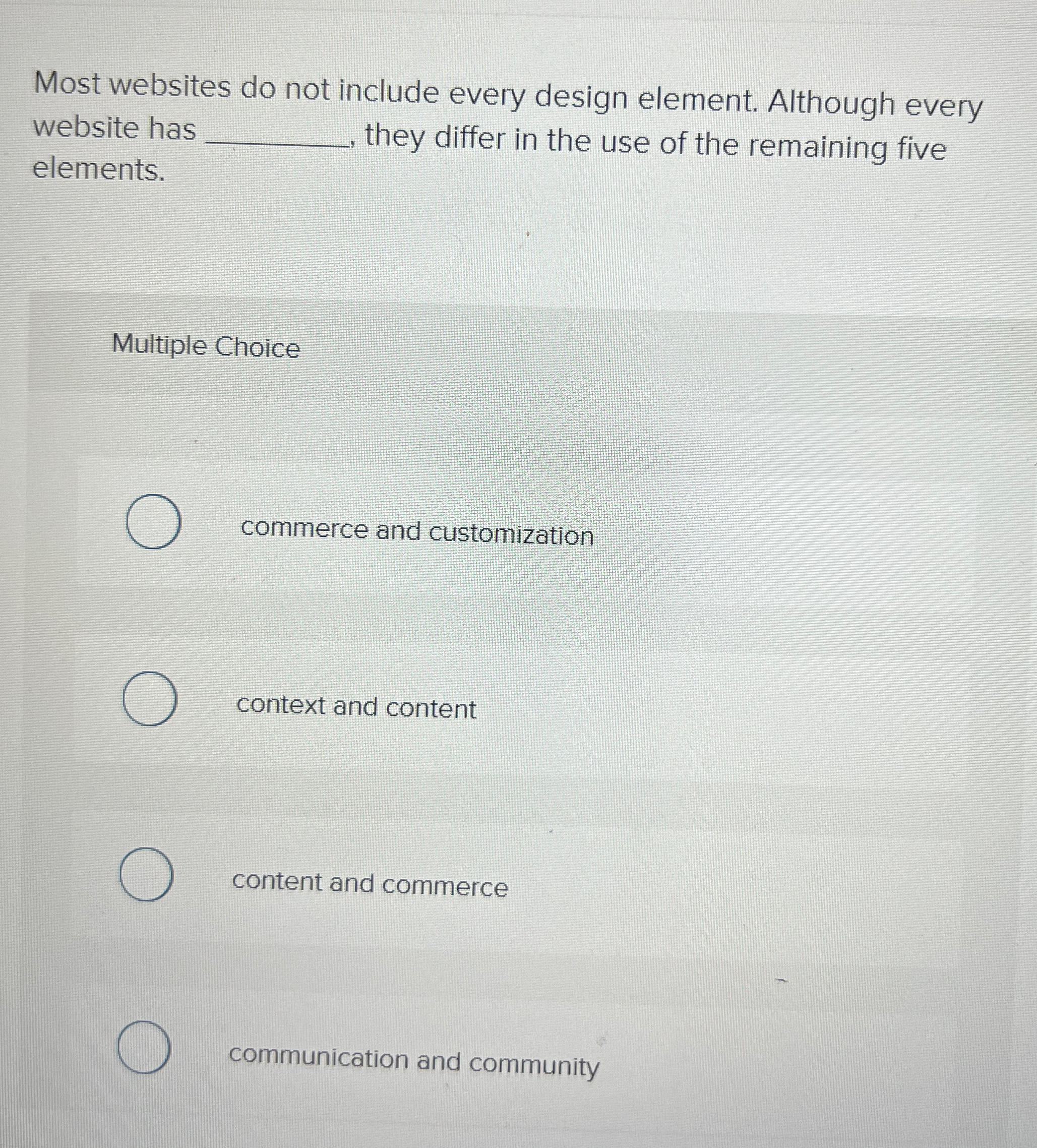  Most websites do not include every design element. Although every website
