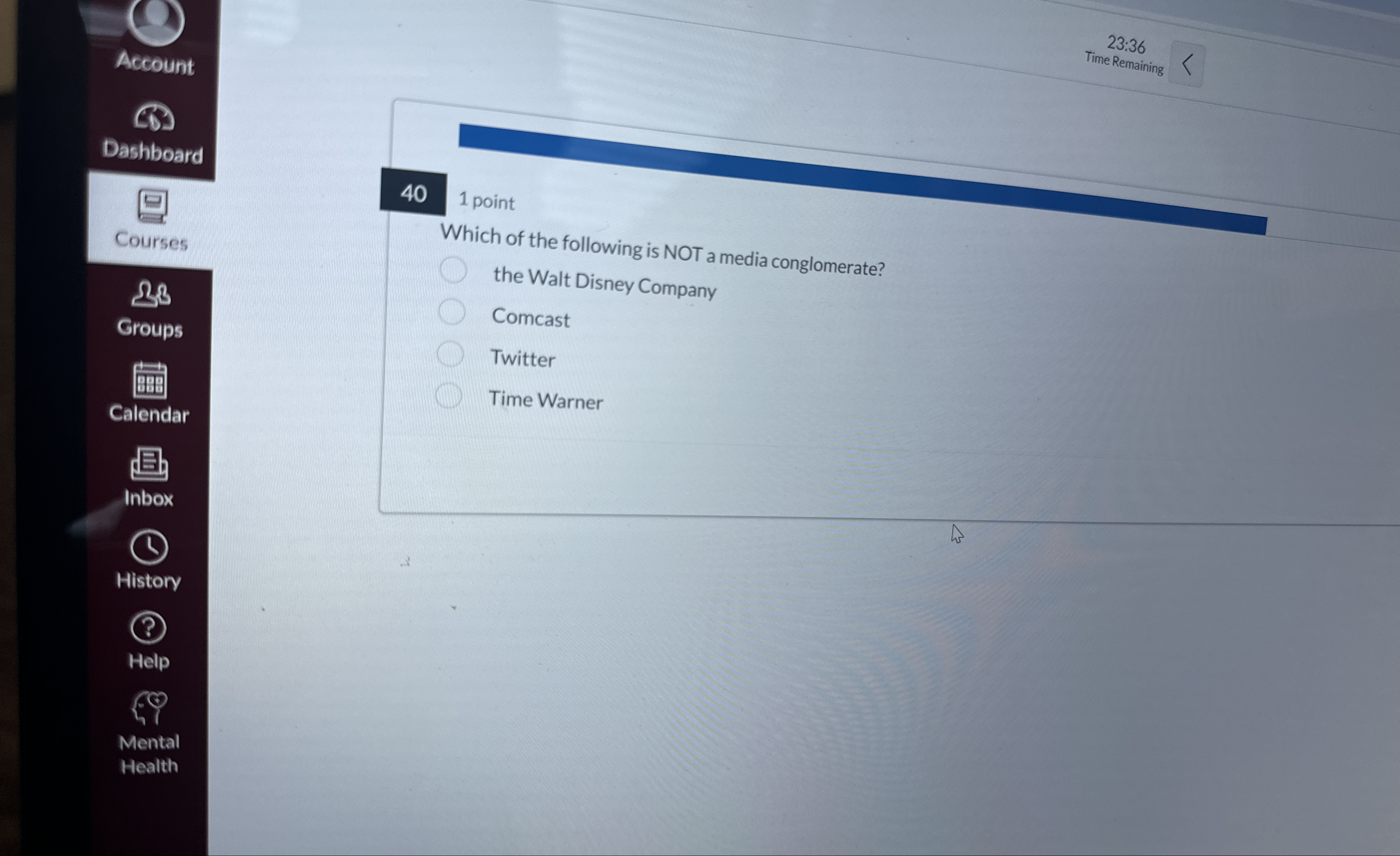  23:36 Time Remaining Account 40 1 point Courses Which of the