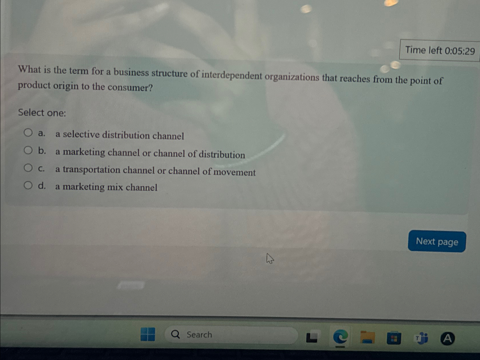  Time left 0:05:29 What is the term for a business structure