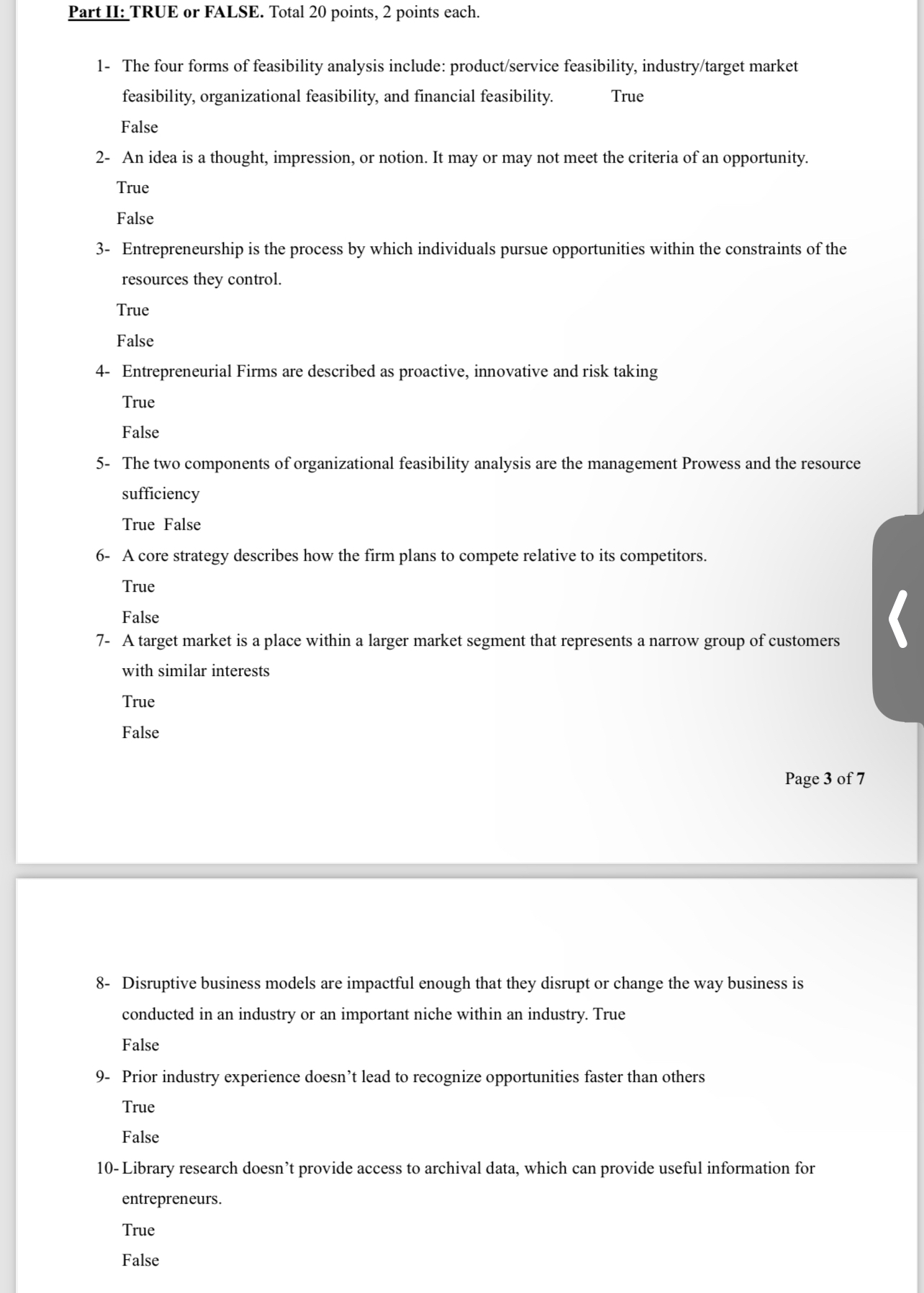  Part II: TRUE or FALSE. Total 20 points, 2 points each.
