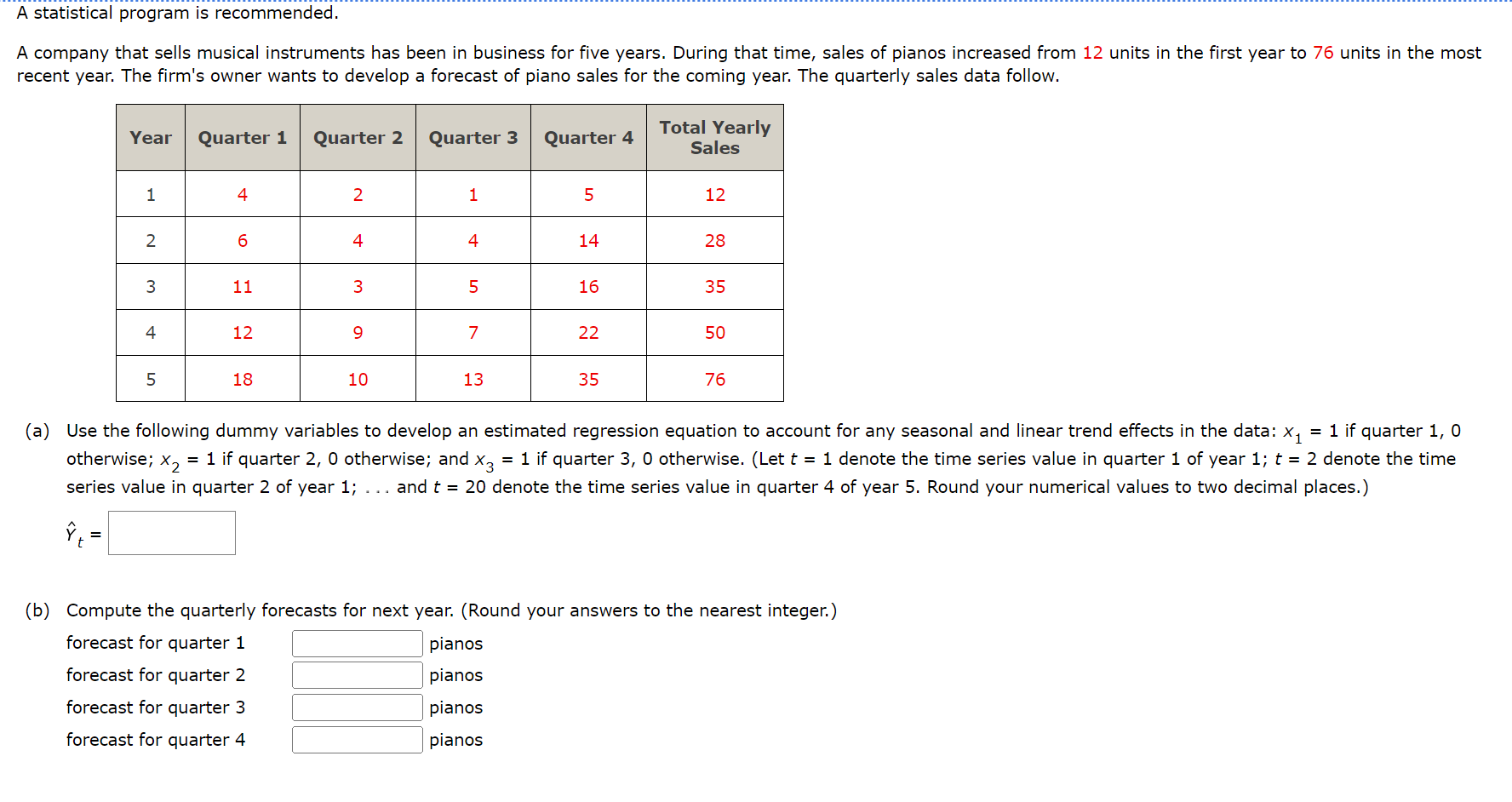 A statistical program is recommended. A company that sells musical instruments has